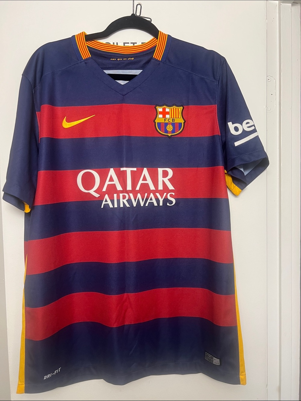 Nike mens Barcelona Striped Soccer Jersey - Navy, Red & Yellow